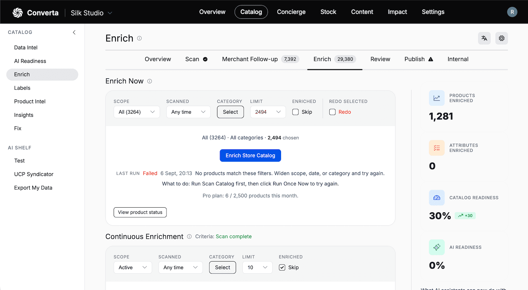 Enrich catalog workspace